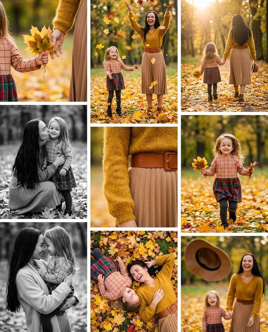 Výber fotografií z jedného fotenia: Mama s dcérkou v padajúcom lístí